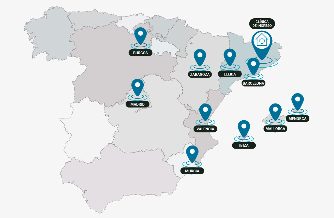 Mapa de España con las delegaciones de Instituto Hipócrates