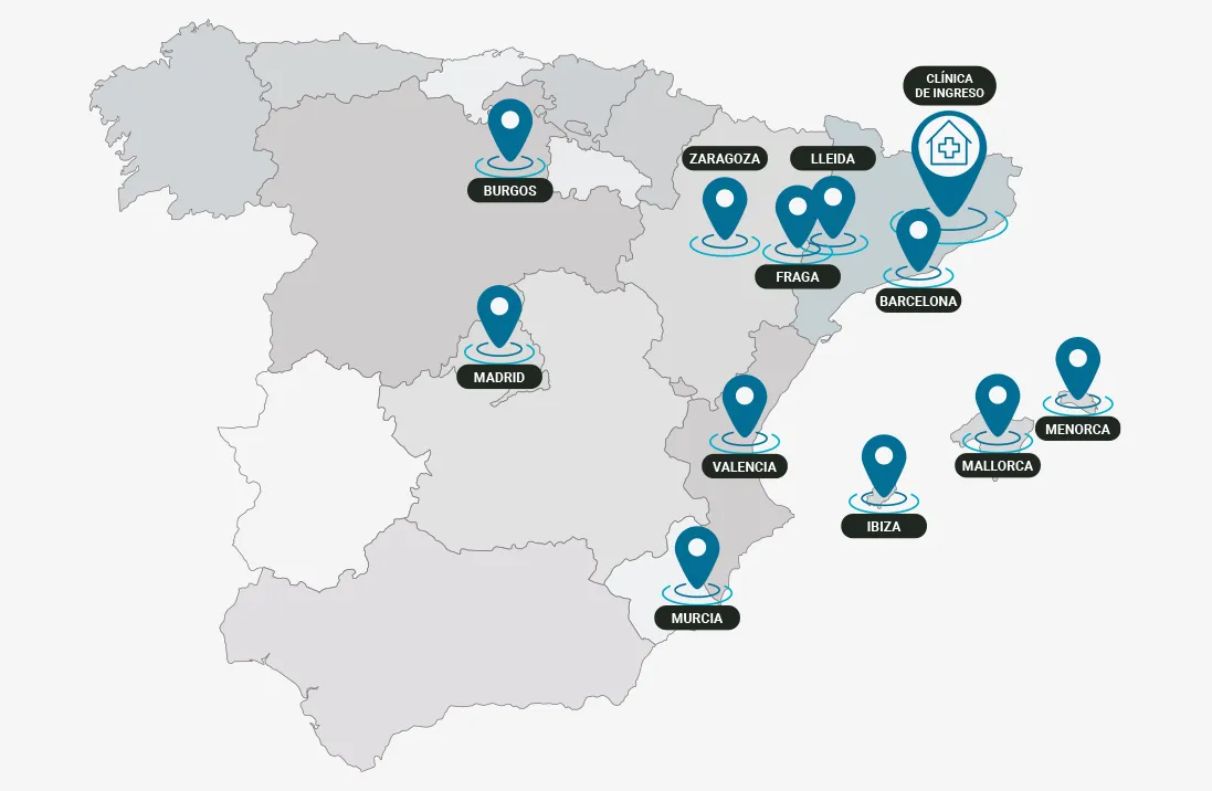 Mapa de España con las delegaciones de Instituto Hipócrates